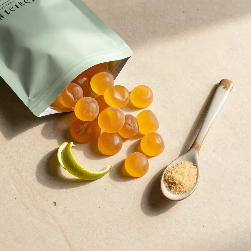 Overhead flat lay of mango lime gummies in an open pouch with citrus peel and ceramic spoon on cream stone.