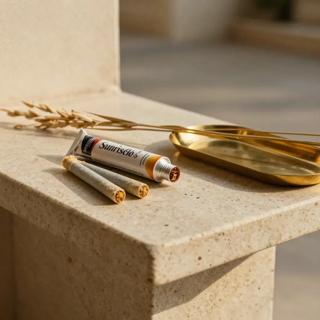 Opened pre-roll pack with brass tray and dried grass on travertine bench