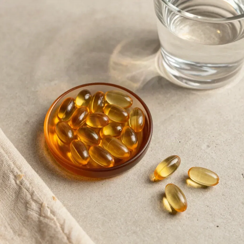 Overhead flatlay of amber softgels in a dish with linen and water glass on pale stone.