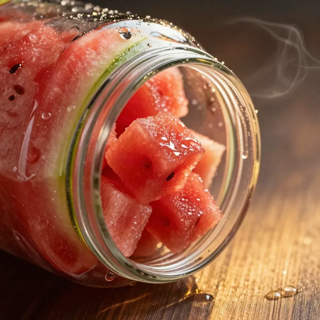 Clear jar of glossy watermelon gummies with rind and condensation in dramatic macro light