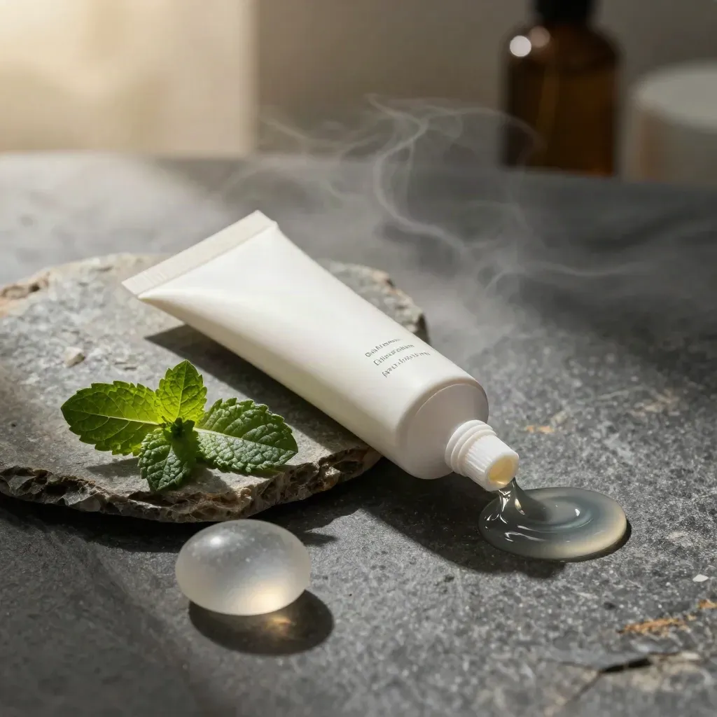 Unbranded cooling muscle gel tube with mint leaf, stone tile, and a gel ribbon