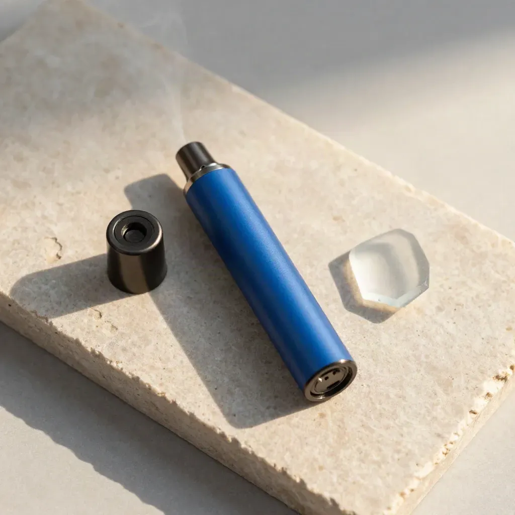 Overhead vape cart flatlay with spare cap, frosted glass shard, and soft vapor on pale stone.