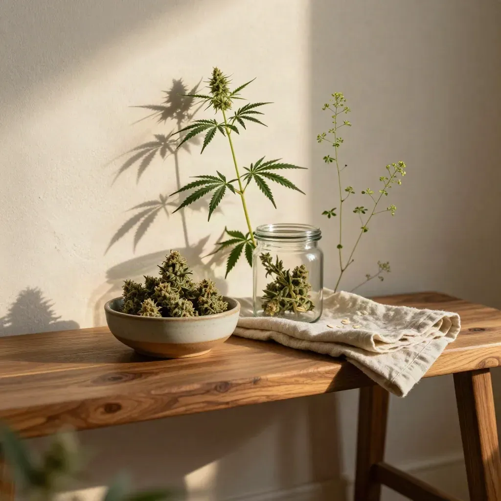 Cannabis flower and stems on a sunlit wooden bench beside a plaster wall