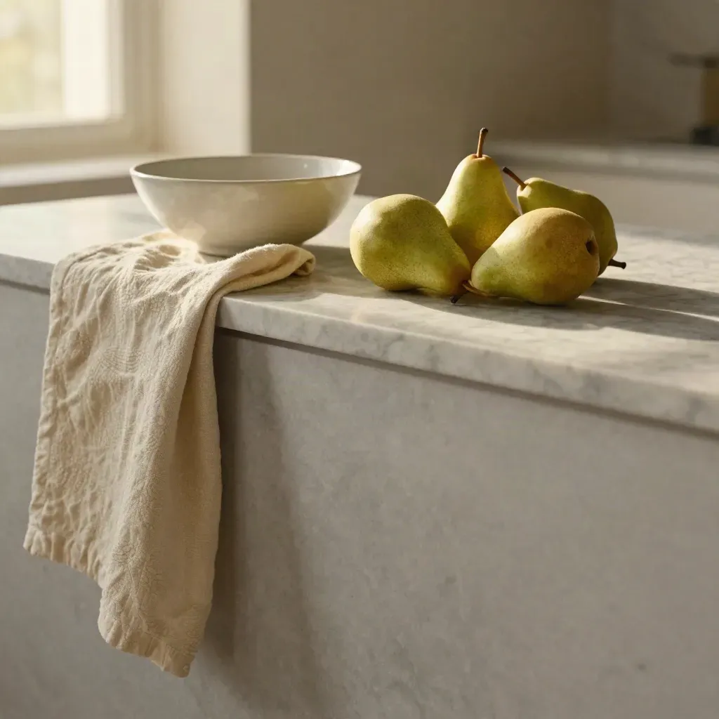 Marble counter with pears, linen, and a ceramic bowl in soft sunlight.